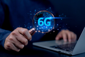Futuristic concept of 6G technology innovation with digital network and data connection, symbolizing next-generation wireless communication and high-speed internet development.