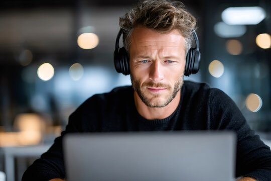 Man wearing headphones working focused on laptop - Powered by Adobe