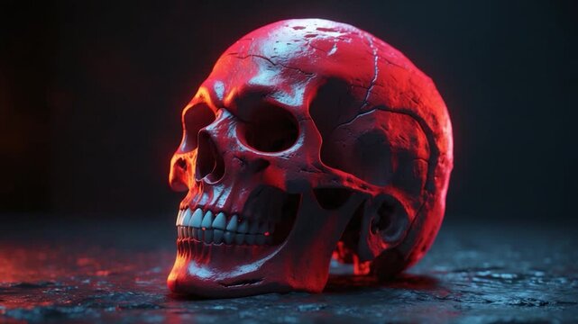 Close-up of a vibrant red skull with intricate cracks and bright white teeth positioned against a dark textured background showcasing dramatic lighting effects highlighting the glossy surface and