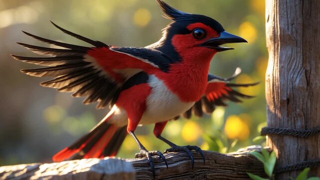 Vibrant red and black bird with outstretched wings perched on a wooden fence displaying dynamic movements against a colorful blurred background of natural greenery and warm sunlight.