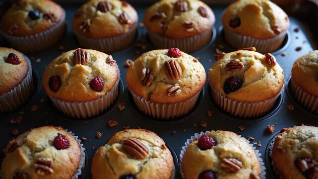Freshly baked muffins topped with pecans and berries arranged in a tray showcasing soft golden textures presented with warm natural light in a cozy kitchen setting