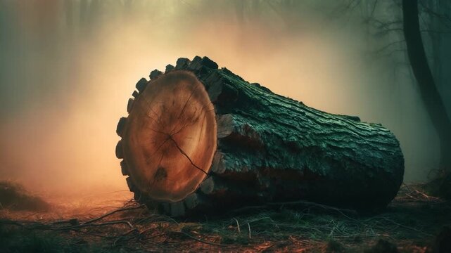 Close-up of large rough-textured tree log lying on forest ground surrounded by misty atmosphere illuminated by soft warm light showcasing detailed rings on cut surface and soft pine needles scattered