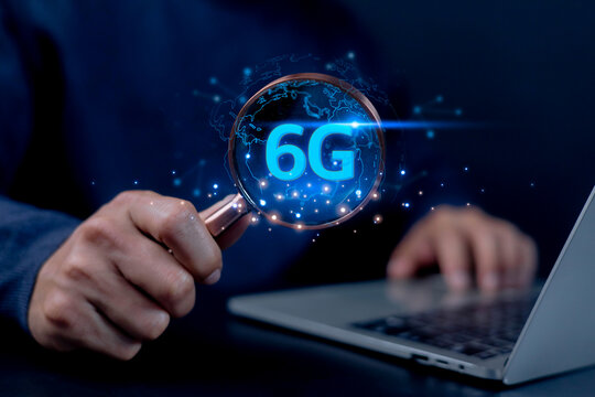 Futuristic concept of 6G technology innovation with digital network and data connection, symbolizing next-generation wireless communication and high-speed internet development.