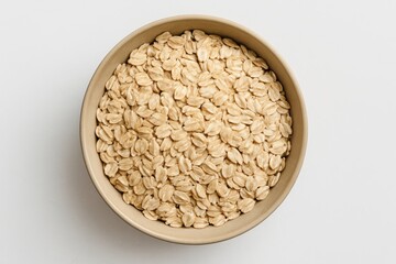 Bowl filled with raw oat flakes placed on white background, top view perspective showcasing healthy breakfast food concept in minimalist style. Ai generative