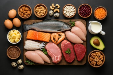 Assortment of high-protein natural foods including meat, fish, eggs, legumes, nuts, dairy, and avocado arranged on wooden board on dark background. Ai generative