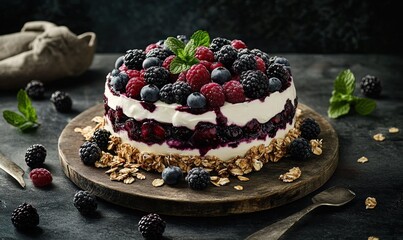 Elegant no-bake berry cheesecake with layers of creamy filling, granola base and generous topping of fresh raspberries, blackberries, blueberries and mint leaves