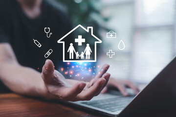 Hand holding floating health insurance icons with a family symbol and medical elements, representing healthcare protection, digital insurance services, wellness coverage, and modern online medical.
