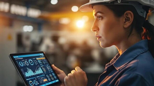 Female Engineer Analyzing Data on Tablet in Factory Setting 1.