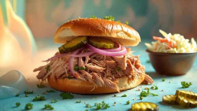 Delicious pulled pork sandwich topped with pickles and red onion served on a sesame seed bun with a side of cole slaw against a soft warm-toned background in beautifully arranged close-up shots.