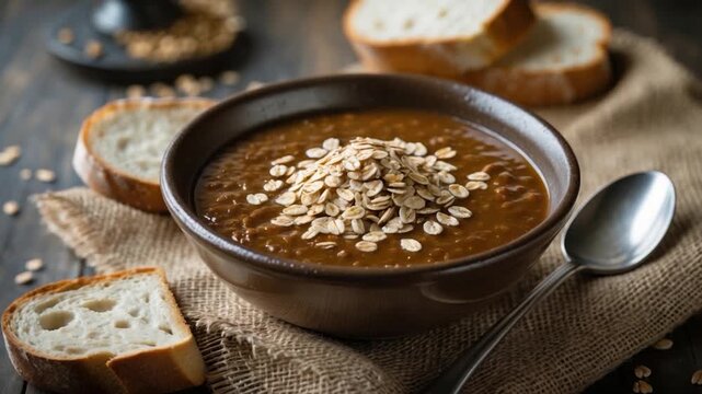 Close-up of steaming bowl of oatmeal topped with oats surrounded by slices of rustic bread on textured burlap warm natural lighting emphasizes the rich brown hues of the dish and the rustic elements