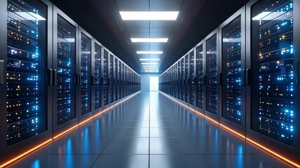 Futuristic server room featuring rows of server racks, data storage, and network hardware for cloud computing, and information technology. - Powered by Adobe