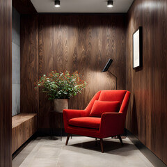Modern red chair in elegant office space with wood paneling and bright lighting design.

