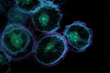 Fototapeta premium Ethereal jellyfish bioluminescence glow, neon aqua, purple rim, deep sea calm