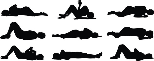 Silhouette, lying body, prone position, curled figure, forensic pose, human outline, black shape, fallen person, dramatic posture, medical reference, artistic concept, isolated figure