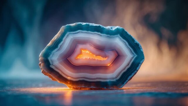 Close-up of a striking geode with vibrant blue and white banding and glowing orange crystal interior displayed against a softly lit blurred background with warm tones and subtle textures emphasizing