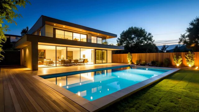 Modern architectural house with swimming pool illuminated at twilight for luxury real estate appeal, inviting indoor outdoor lifestyle