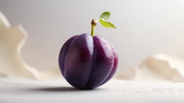 Close-up of a vibrant purple plum with a leafy stem showcasing smooth skin and subtle water droplets set against a minimalistic soft lighting background with gentle gradient and soft textures