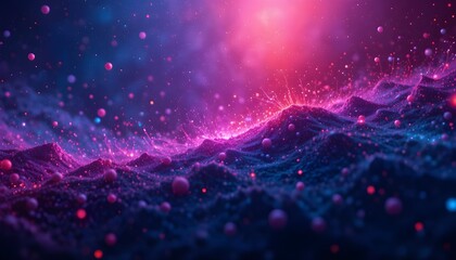 Mesmerizing Abstract Space Background with Glowing Particles, Dots, Lines and Vibrant Blue Red Neon Gradient