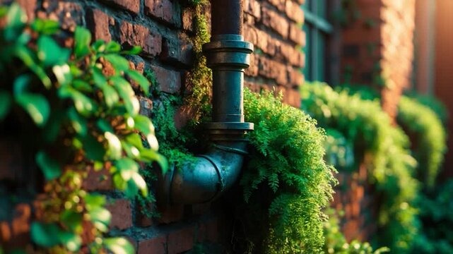 Close-up of a metal pipe emerging from a rustic brick wall surrounded by lush green ferns and vines with soft natural light highlighting the vibrant vegetation in an outdoor urban setting