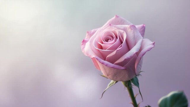Close-up of a delicate pink rose with soft petals gently swaying showcased against a blurred pastel background in warm natural light highlighting the flower's intricate textures and colors through