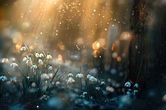 Magical forest scene with hundreds of glowing snowdrops under golden sun rays and floating particles