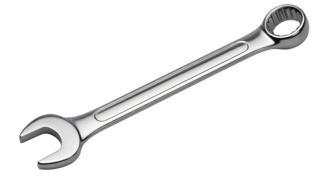 Shiny metal combination wrench on a black background