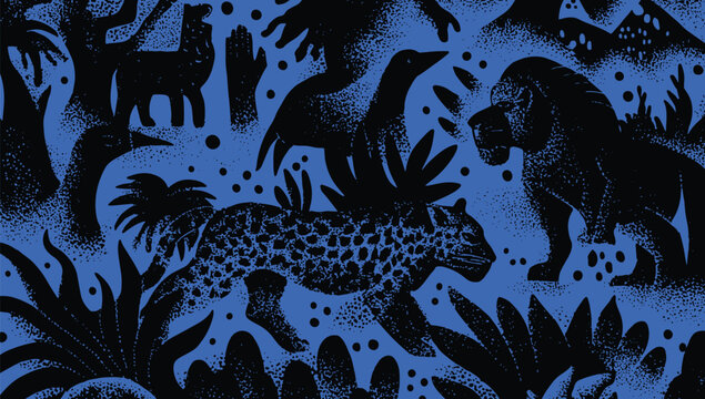 Vivid hand-drawn pattern featuring black silhouettes of jungle animals (leopard, lion, bird, deer) and tropical foliage with stipple halftone texture against blue background.