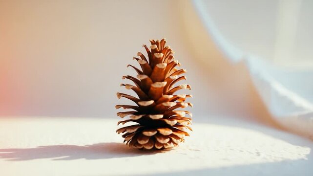 Close-up view of a natural pinecone resting on a light-colored surface illuminated by soft natural light showcasing intricate textures and warm tones with a minimalistic background captured from
