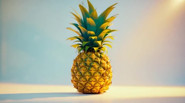 Vibrant close-up view of a ripe pineapple with glossy yellow skin and bold green leaves beautifully lit with soft natural light showcasing its textured surface on a minimalistic background