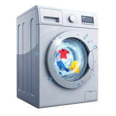 White washing machine with clothes inside and a red shirt. isolated illustration on  transparent background PNG