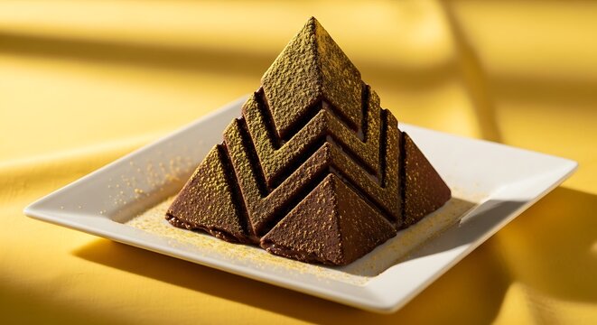 An elegant chocolate pyramid dessert, artfully sliced and dusted with gold powder, served on a white plate against a yellow background.