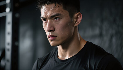 Young Asian man concentrating during workout in gym environment  
