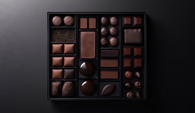 Elegant black box filled with handcrafted artisanal chocolate bonbons in various shapes and textures