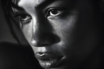 Fototapeta premium Close-up portrait of a thoughtful woman in monochrome