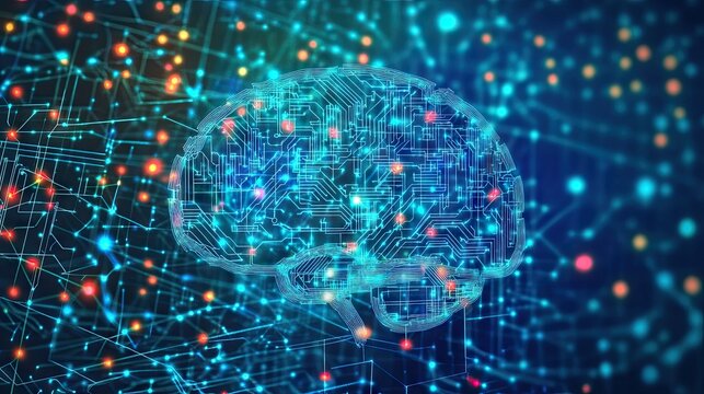 Glowing cyan neural network brain made of interconnected nodes and light trails on a dark technological background.