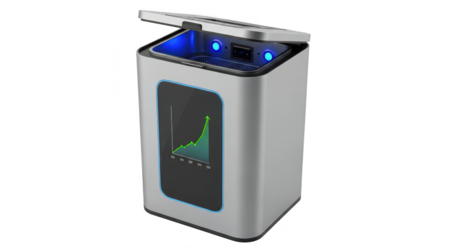 Silver box with a blue screen that says "growth" on it. isolated illustration on  transparent background PNG