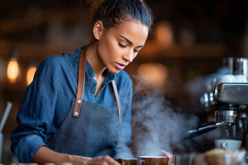 Female barista preparing hot coffee with espresso machine