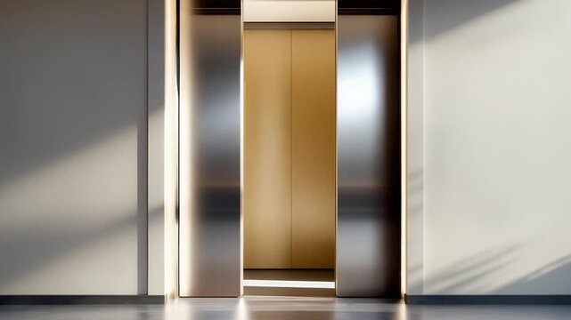 Sleek metallic elevator doors transitioning from closed to open revealing a warm-toned interior set against a minimalist backdrop with shadows and soft natural light highlighting smooth surfaces.