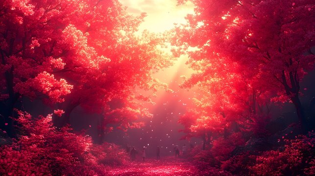 Vibrant red trees illuminated by golden sunlight at dusk in a tranquil forest setting
