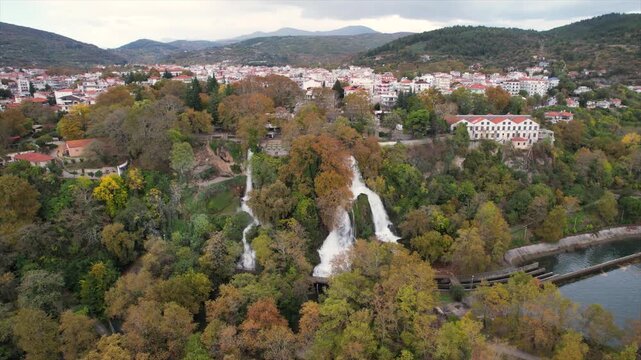 Aerial Point of Interest Shot Panoramic View of Edessa City with Waterfalls, Urban Nature Landscape
