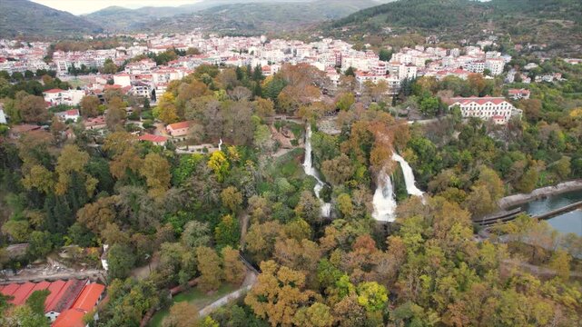 Edessa Greece Aerial Landscape Panoramic View of City Waterfalls and Nature, Point of Interest Shot