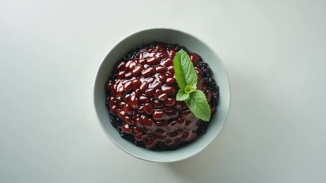 Top-down view of a dessert bowl filled with shiny red beans submerged in sweet syrup resting on black glutinous rice garnished with fresh mint leaves against a soft neutral background