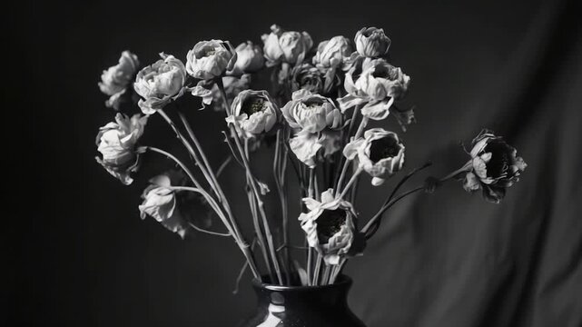 Close-up of wilted flowers in a dark ceramic vase against a softly textured monochrome backdrop showcasing the gradual decay and fading life of the delicate blooms as they droop and droop captured in