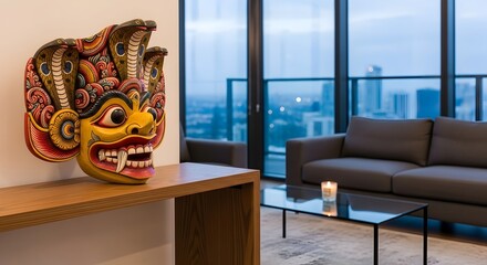 Traditional Sri Lankan Mask Displayed in Modern Luxury Apartment