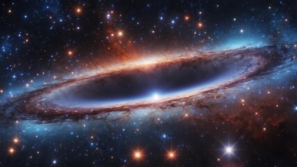 Stunning cosmic scene featuring a vibrant galaxy with swirling clouds of dust and bright stars illuminating the dark space emphasizing the curvature and depth of the celestial formation against a - Powered by Adobe