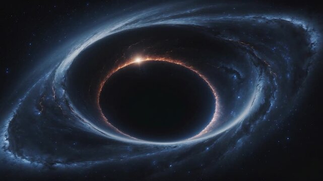 Dramatic close-up of an abstract cosmic black hole surrounded by swirling galaxies featuring glowing light effects deep colors and a captivating smooth transition from the initial brightness to