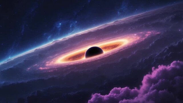 A mesmerizing cosmic scene showcasing a dark black hole at the center surrounded by luminous glowing rings and swirling colorful clouds portrayed in three stages of a cosmic event sequence.