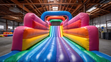 Colorful inflatable rainbow slide in a large warehouse setting