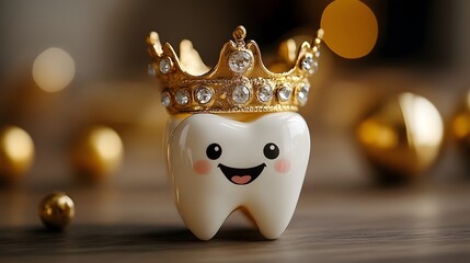 Happy tooth wearing a crown surrounded by golden decorations for a festive celebration