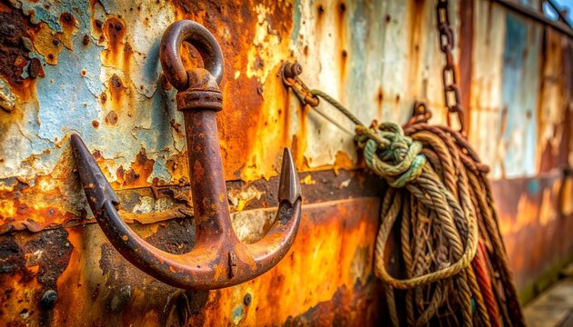 Rusty anchor and tangled ropes on a weathered surface